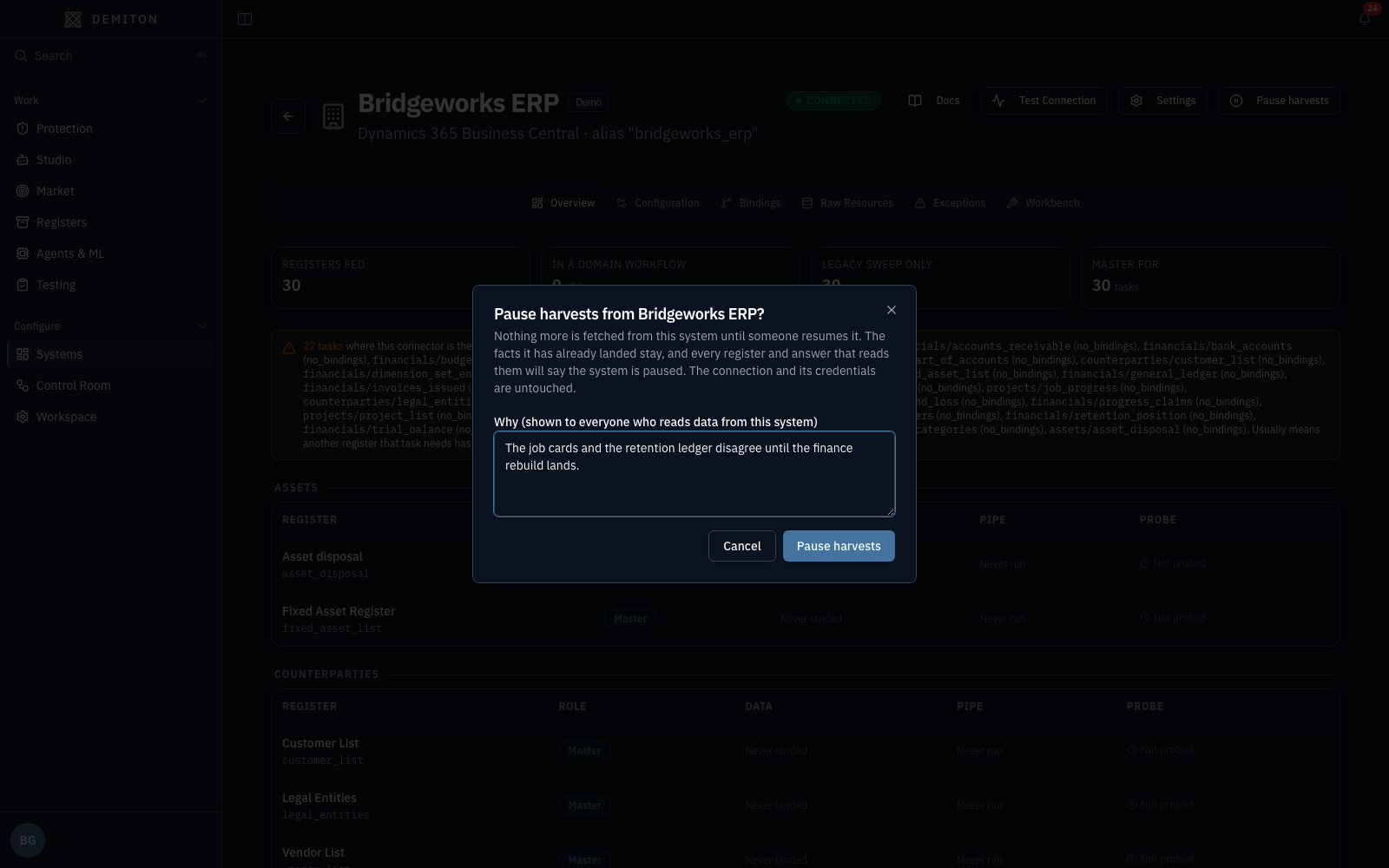 The pause dialog, asking why, with the reason typed and the ten-character floor satisfied