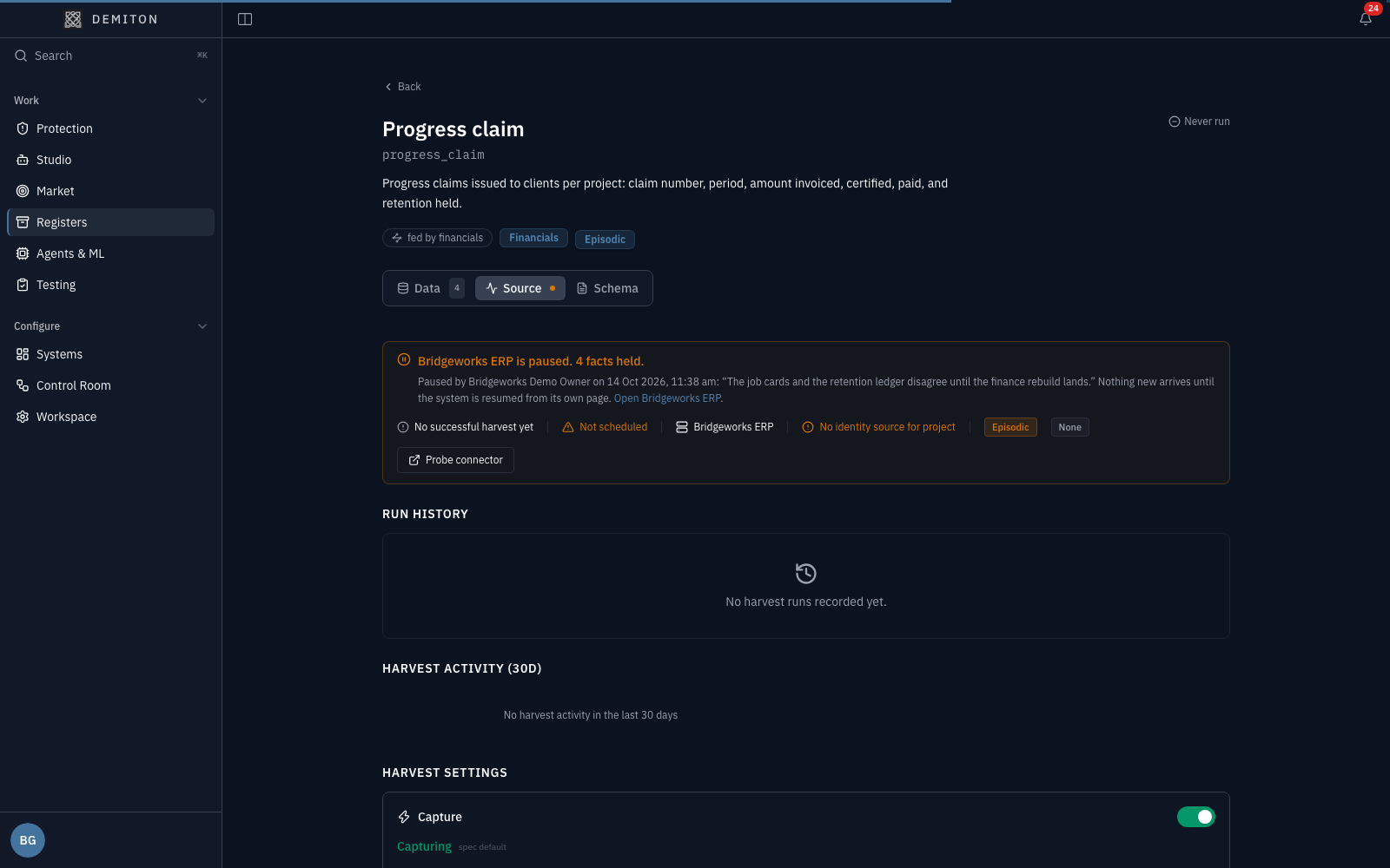 The Progress claim register's Source tab, saying Bridgeworks ERP is paused and how many facts are held
